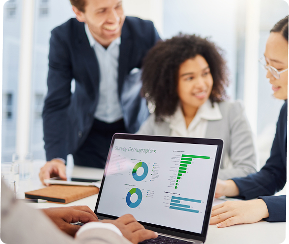 Team making business decisions with smart analytics